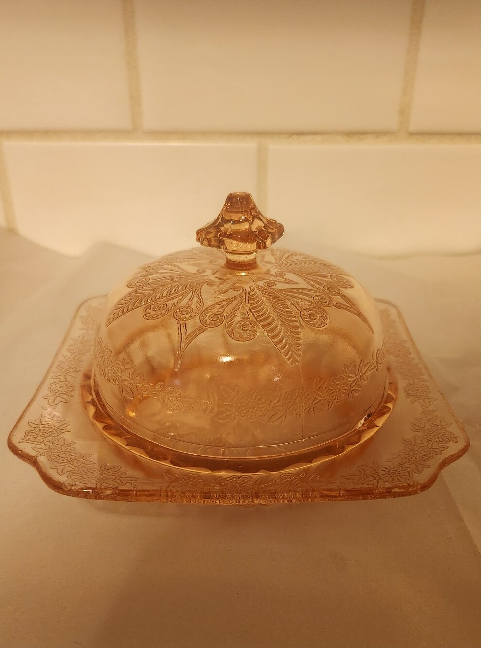 Vintage-Jeanette Glass Adam Style Pink Depression Glass Butter Dish with Lid